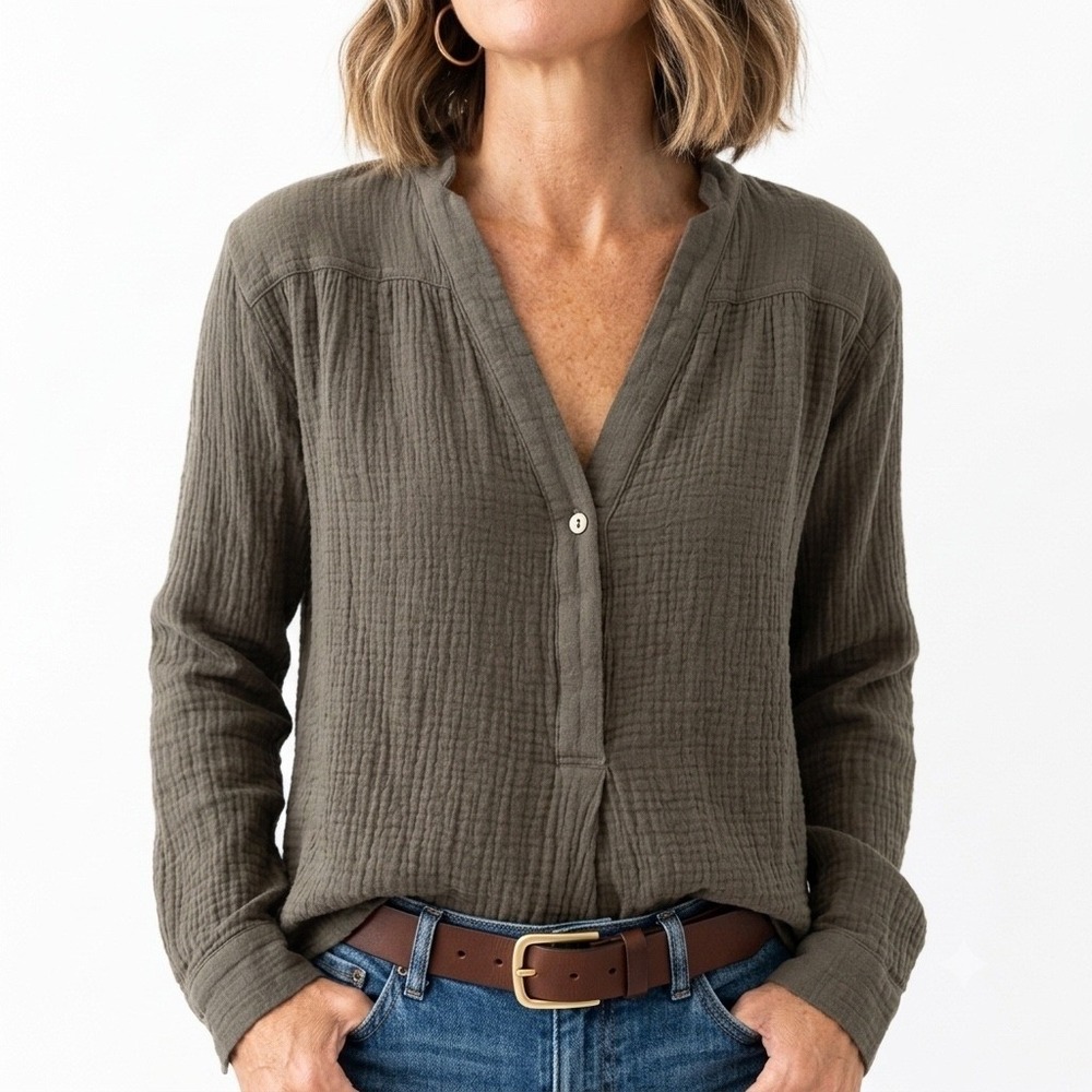 Free People Olive Green Gauze Henley Blouse Raw Hem XS OB1022416